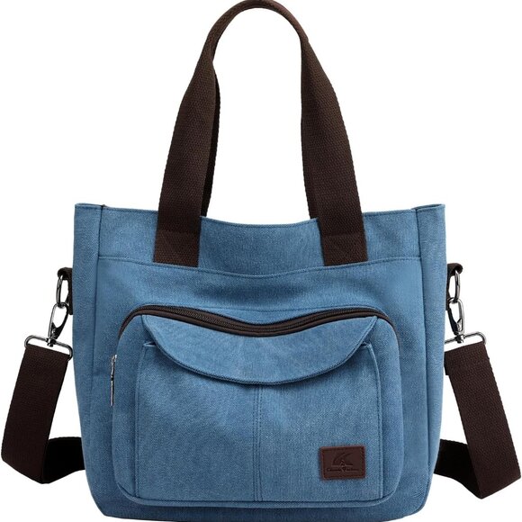 Canvas Tote Bag Women's Small Shoulder Crossbody Multi-pocket Work Purse - Picture 1 of 6
